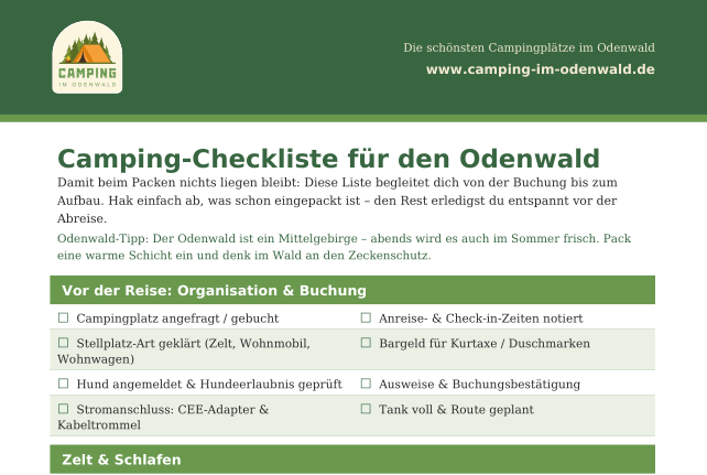 Die kostenlose Camping-Checkliste für den Odenwald
